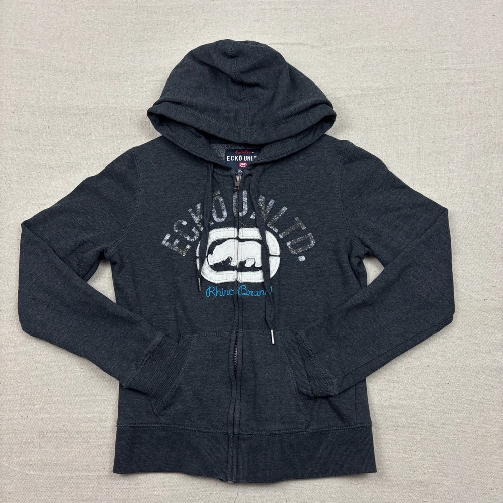Y2K ECKO UNLTD Womens Charcoal Gray Rhinoceros Graphic Zip‎ Up Hoodie Sweatshirt